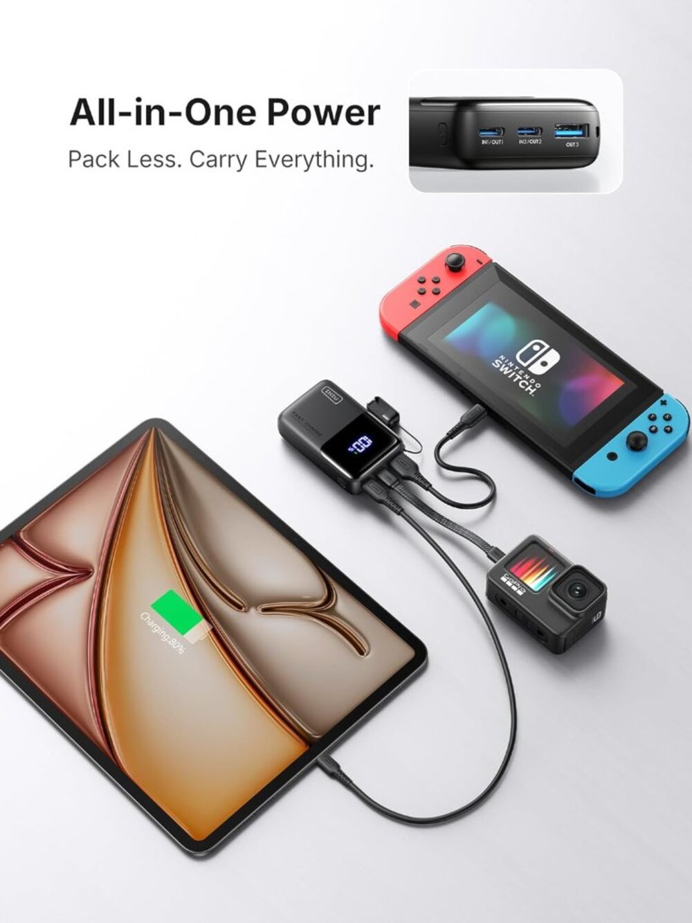 INIU 10000mAh 45W Ultra Mini Portable Charger Power Bank with Cable - Black - Picture 5 of 8